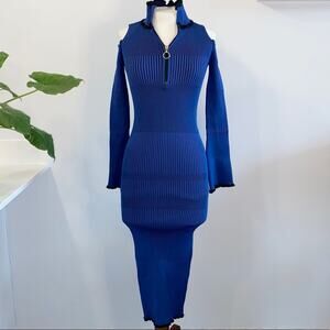 PINKO Medium Royal Blue Bodycon Knit Sweater MIDI Dress Cold-Shoulder High Neck